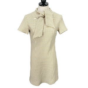 Vintage 60s Handmade Taupe Houndstooth Print Short Sleeve Bow Tie Business Dress
